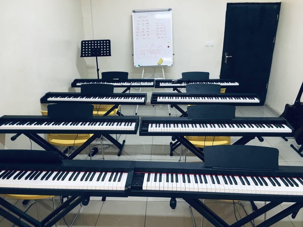Classroom with whiteboard and music stands