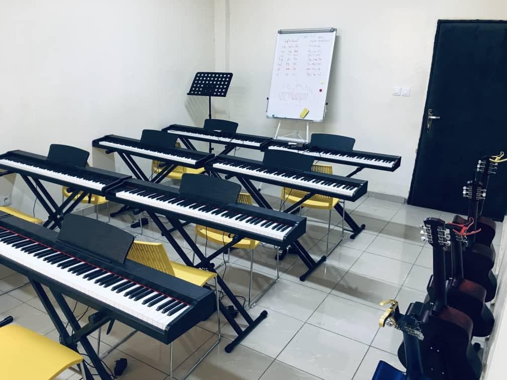 Instrument room with keyboards and guitars